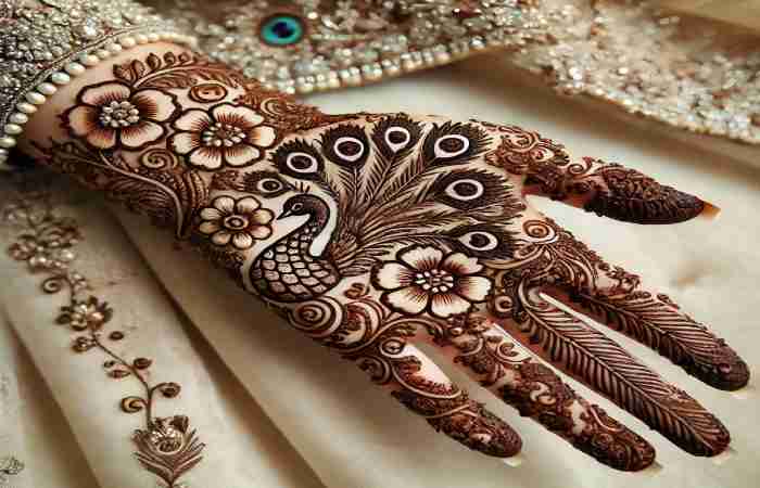 2. Floral and Peacock Royal Mehndi